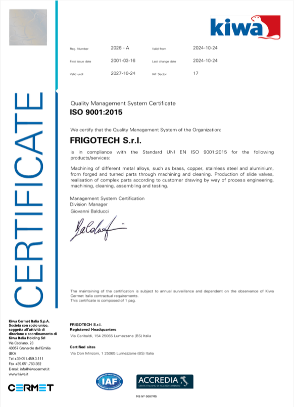 UNI EN ISO 9001 certified quality Assurance System