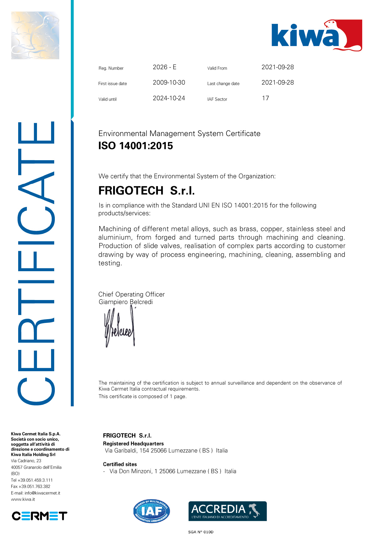 UNI EN ISO 14001:2004 environmental certification